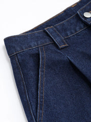 Denim High Waist Pleated Straight Leg Jeans