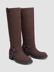 BUCKLE DISTRESSED KNEE HIGH BOOTS