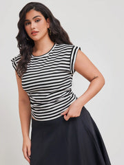 Cotton-blend Round Neckline Striped Ruched Top Curve & Plus