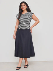 Cotton-blend Round Neckline Striped Ruched Top Curve & Plus