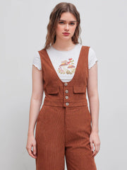 Corduroy Scoop Neckline Solid Button Pocket Jumpsuit