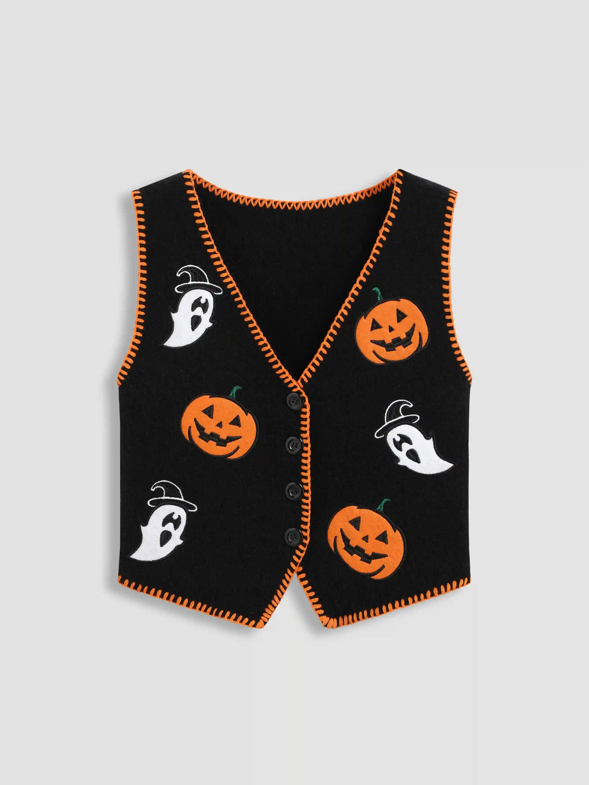Knitted V-neck Pumpkin Ghost Contrasting Binding Vest
