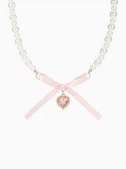 BOWKNOT & HEART FAUX PEARL PENDANT NECKLACE