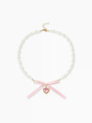 BOWKNOT & HEART FAUX PEARL PENDANT NECKLACE