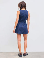 Denim Solid Zipper Sleeveless Mini Dress