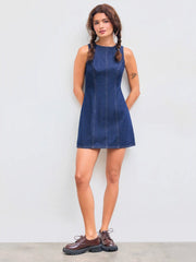 Denim Solid Zipper Sleeveless Mini Dress