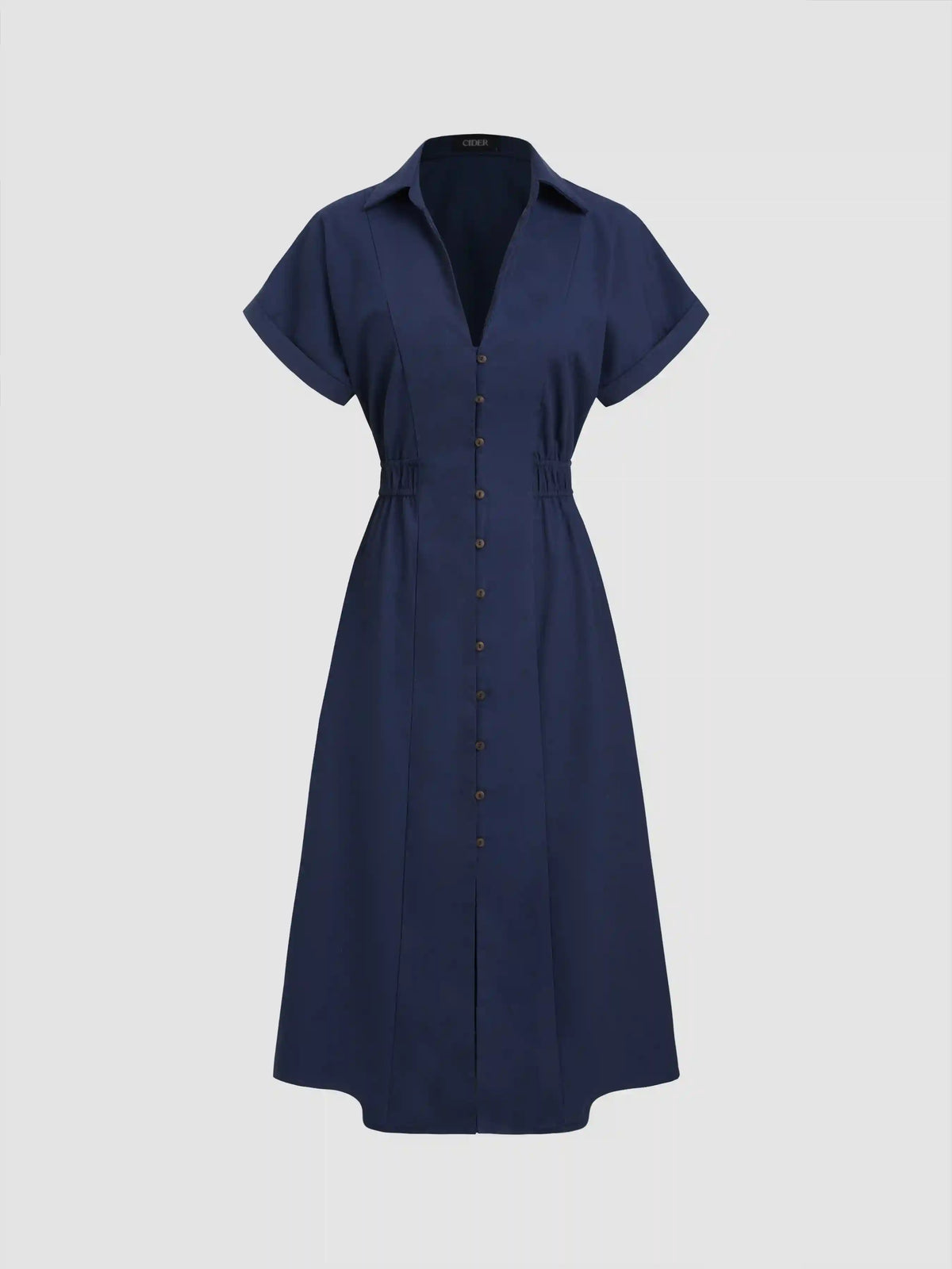 Linen-blend Collar Solid Shirred Button Midi Shirt Dress