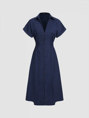 Linen-blend Collar Solid Shirred Button Midi Shirt Dress
