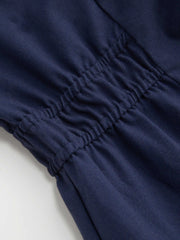 Linen-blend Collar Solid Shirred Button Midi Shirt Dress