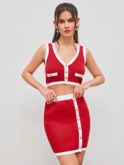 Knit V-neck Contrasting Binding Button Tank Top & Knit Contrasting Binding Button Mini Skirt