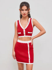 Knit V-neck Contrasting Binding Button Tank Top & Knit Contrasting Binding Button Mini Skirt