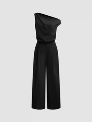 Asymmetrical Neck Solid Pocket Wide Leg Jumpsuit