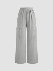 Cotton-blend Mid Elastic Waist Solid Wide Leg Trousers