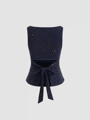 Boat Neck Rhinestone Knotted Tank Top