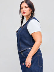 Denim V-neck Button Vest Curve & Plus
