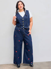 Denim V-neck Button Vest Curve & Plus