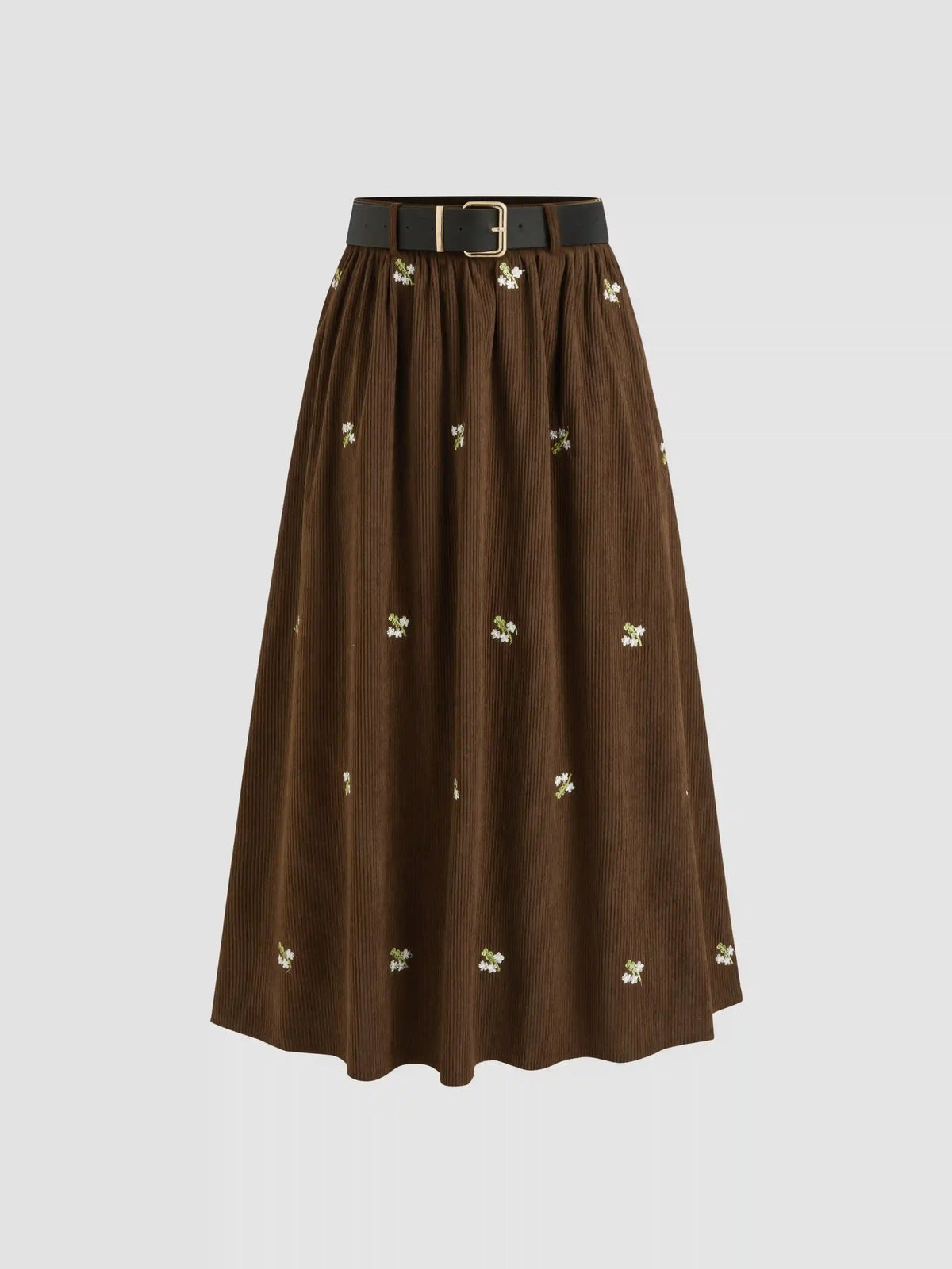 Corduroy Mid Rise Floral Embroidery Ruffle Pocket Maxi Skirt With Belt