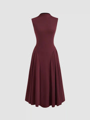 High Neck Solid Pocket Ruffle Midi Dress