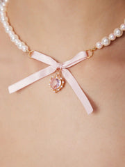 BOWKNOT & HEART FAUX PEARL PENDANT NECKLACE
