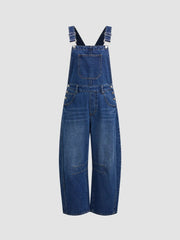 Denim Solid Buckle Pocket Barrel-leg Jumpsuit
