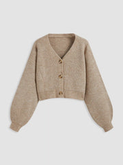 Knit V-neck Solid Button Crop Cardigan