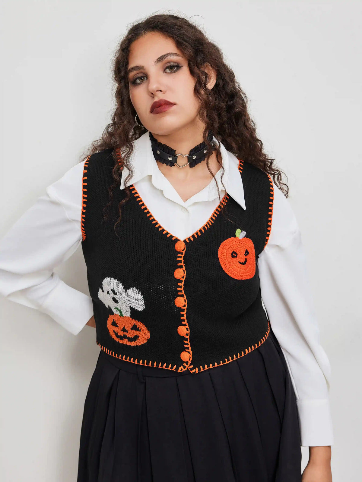 Knit V-neck Pumpkin Ghost Contrasting Binding Vest Curve & Plus