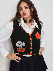 Knit V-neck Pumpkin Ghost Contrasting Binding Vest Curve & Plus