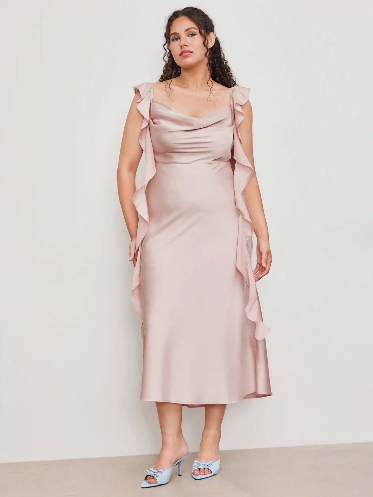 Satin Cowl Neck Solid Ruffle Hem Maxi Dress Curve & Plus
