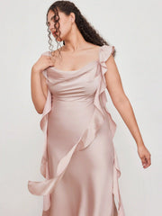 Satin Cowl Neck Solid Ruffle Hem Maxi Dress Curve & Plus