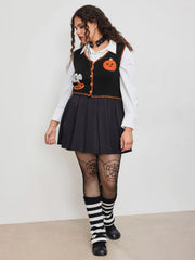 Knit V-neck Pumpkin Ghost Contrasting Binding Vest Curve & Plus