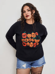 Knit Round Neckline Pumpkin Graphic Oversized Long Sleeve Top Curve & Plus