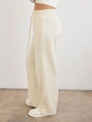 Cotton-blend Mid Rise Solid Drawstring Wide Leg Trousers