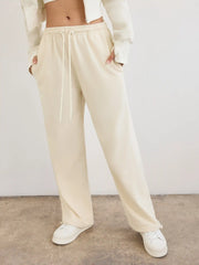 Cotton-blend Mid Rise Solid Drawstring Wide Leg Trousers