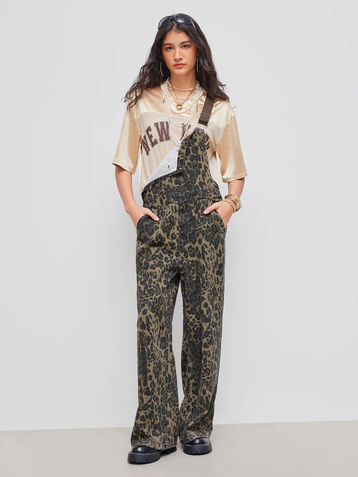 Denim Leopard Pocket Buckle Up Wide Leg Oversized Jumpsuit