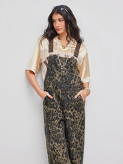 Denim Leopard Pocket Buckle Up Wide Leg Oversized Jumpsuit