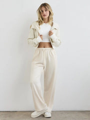 Cotton-blend Mid Rise Solid Drawstring Wide Leg Trousers