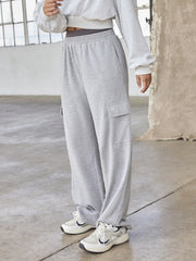 Cotton-blend Mid Elastic Waist Solid Wide Leg Trousers