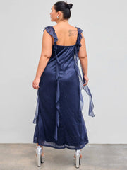 Mesh Cowl Neck Solid Sequin Ruffle Hem Maxi Dress Curve & Plus