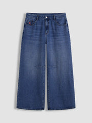 Denim Mid Rise Fire Embroidery Pocket Belted Straight Leg Jeans Curve & Plus