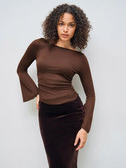 Boat Neck Solid Ruched Long Sleeve Tee & Mid Rise Solid Pocket Straight Leg Trousers With Belt