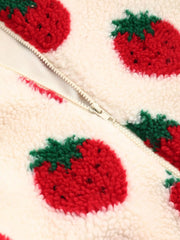 Fleece High Neck Strawberry Pocket Drawstring Oversized Jacket