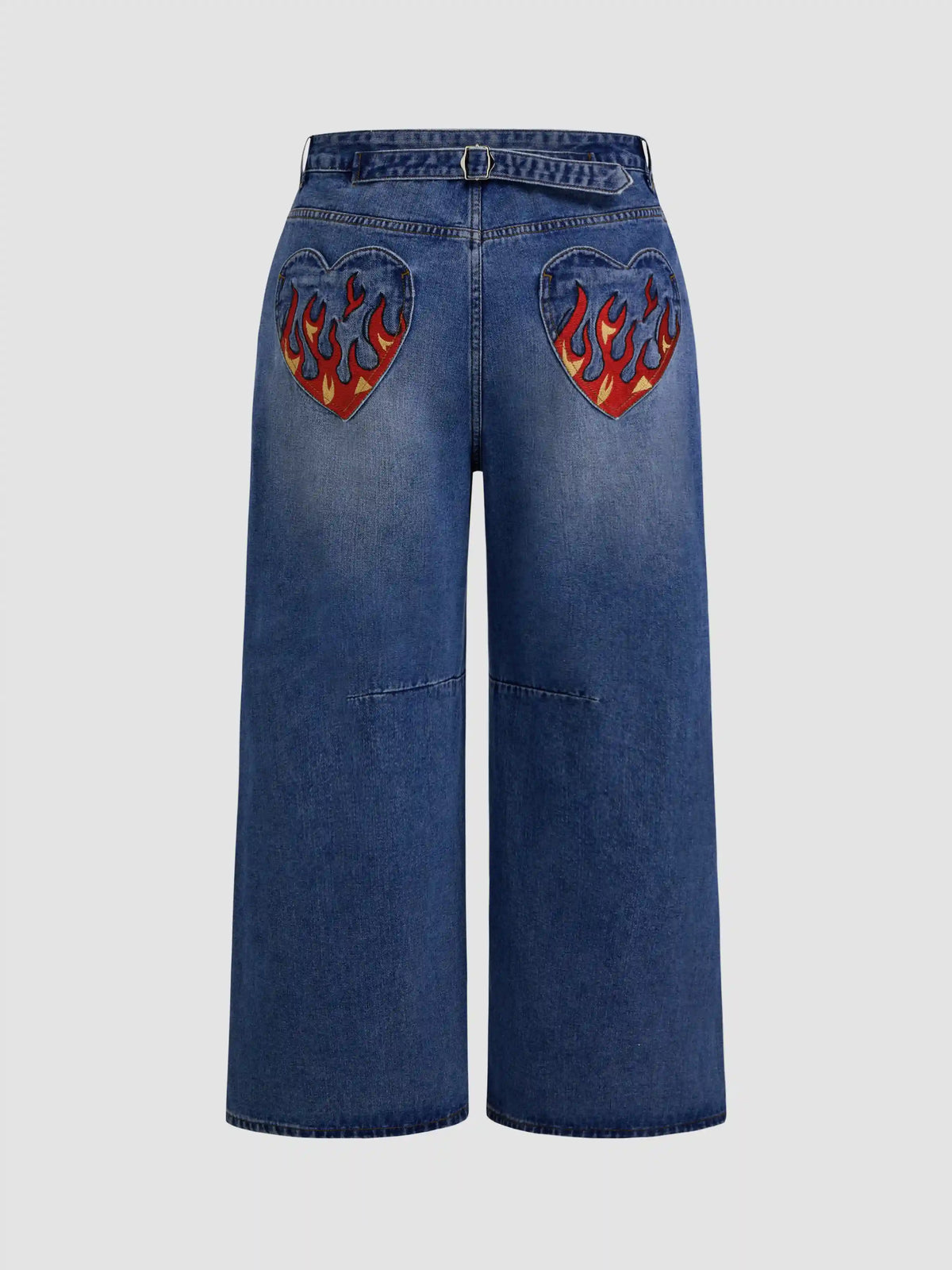 Denim Mid Rise Fire Embroidery Pocket Belted Straight Leg Jeans Curve & Plus
