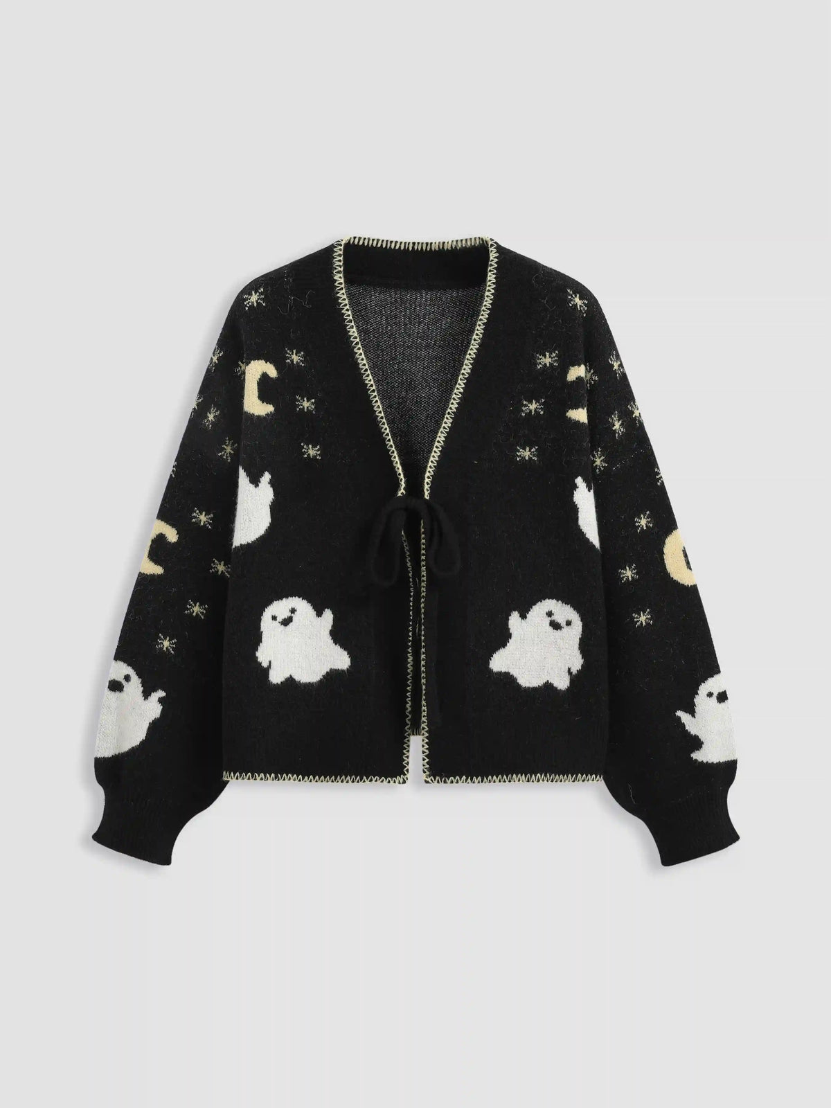 Knit V-neck Ghost Graphic Knotted Cardigan