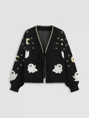 Knit V-neck Ghost Graphic Knotted Cardigan