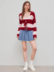 Knit V-neck Striped Tie Front Cardigan