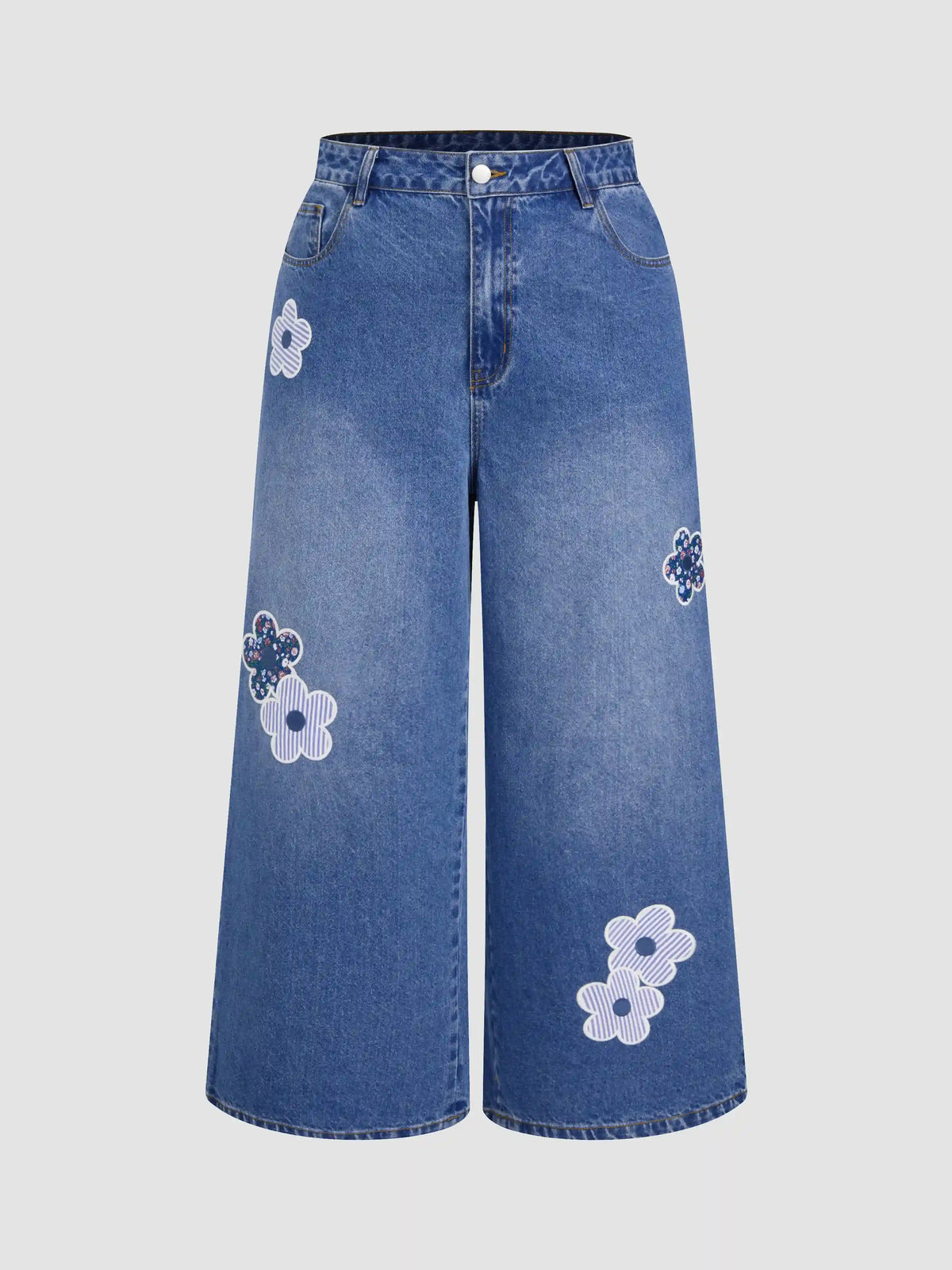 Cider Denim Mid Rise Floral Appliques Wide Leg Jeans Curve & Plus