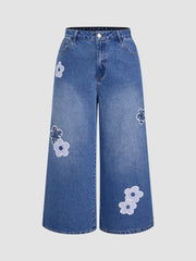Cider Denim Mid Rise Floral Appliques Wide Leg Jeans Curve & Plus