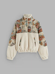 Fleece Collar Floral Cat Knotted Sweatshirt