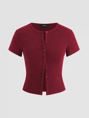 Round Neckline Solid Button Short Sleeve Top