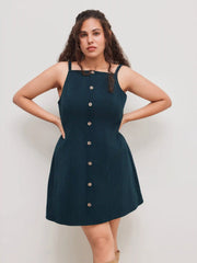 Corduroy Square Neck Solid Button Mini Dress Curve & Plus